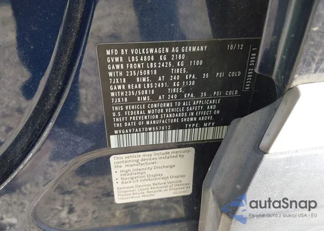 2013 Volkswagen Tiguan S/Se/Sel from USA, damaged, VIN WVGAV7AX7DW557612